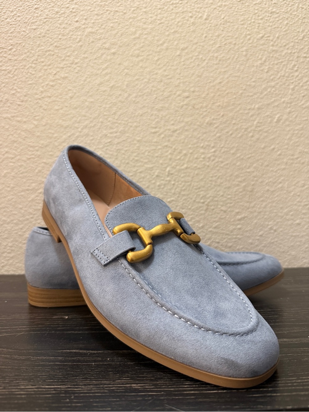 Time & Tru Womens 11 Light Blue Suede Horsebit Loafer Memory Foam Flat Shoes NWT
